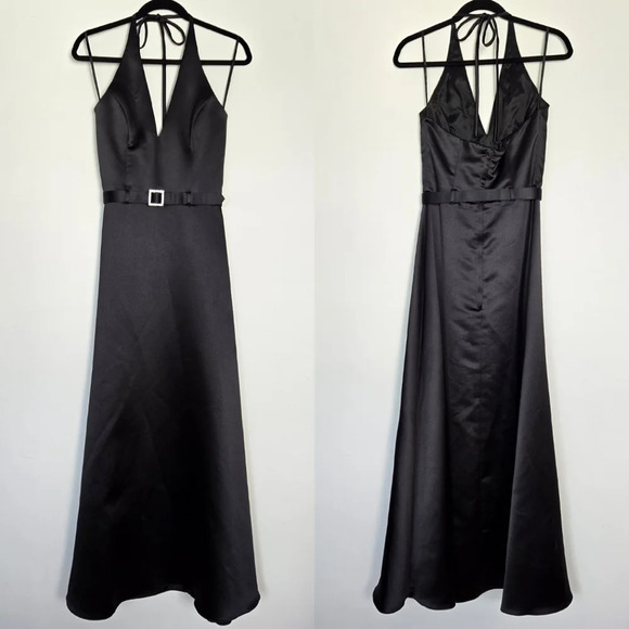 Scott McClintoch Vintage Black Tie Satin Gown‎ Rhinestone Buckle Belted Size 8 - Picture 6 of 15